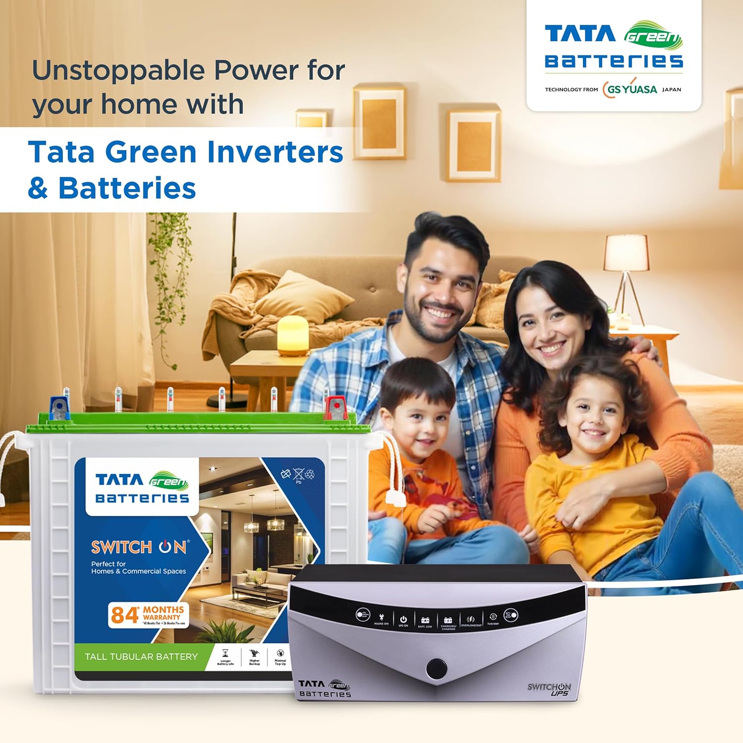 Tata Green Inverter & Battery Combo (Switch ON Pure Sine Wave 1000VA/12V Inverter INTT2800 240AH Tall Tubular Inverter Battery)