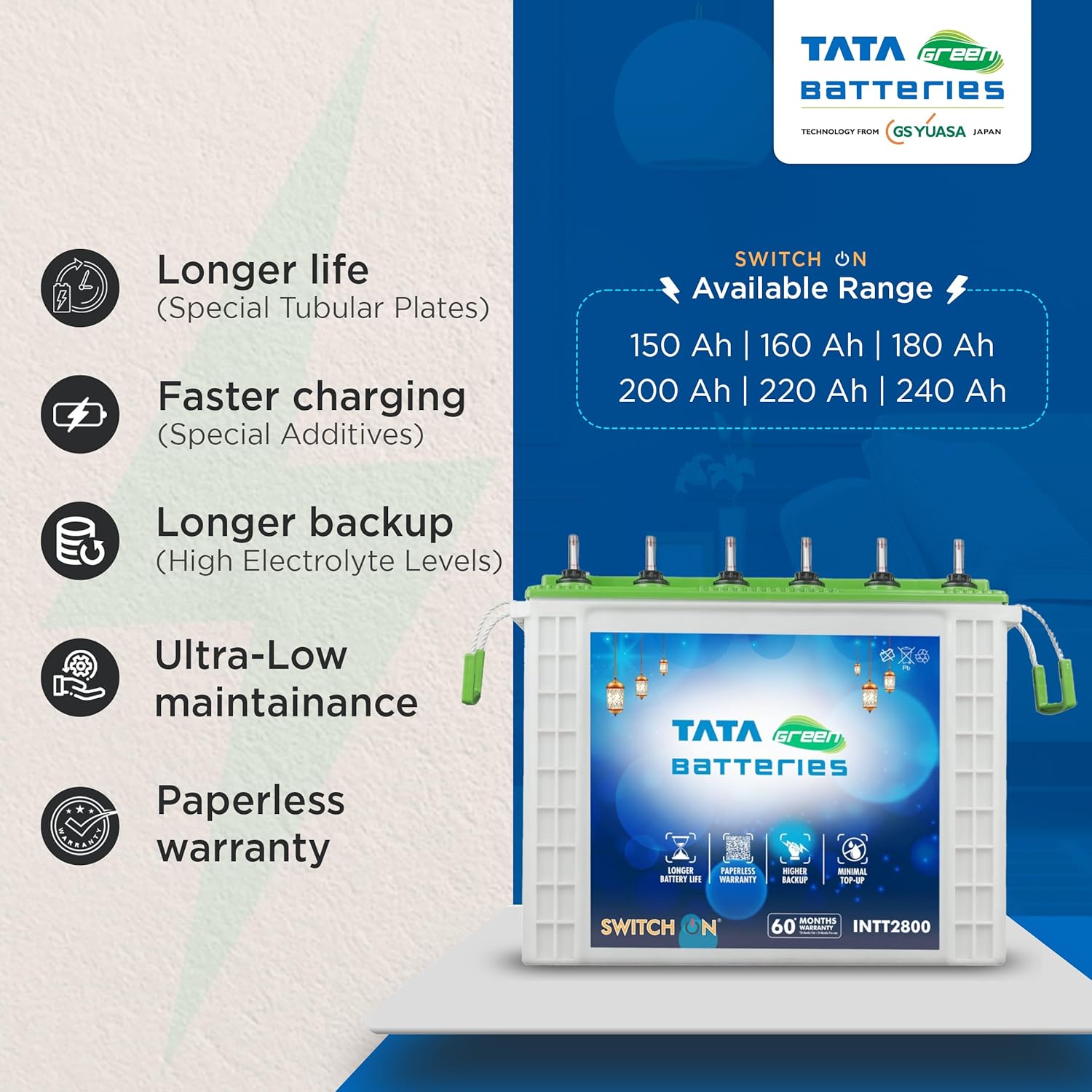 Tata Green Inverter & Battery Combo (Switch ON Pure Sine Wave 1000VA/12V Inverter INTT2800 240AH Tall Tubular Inverter Battery)