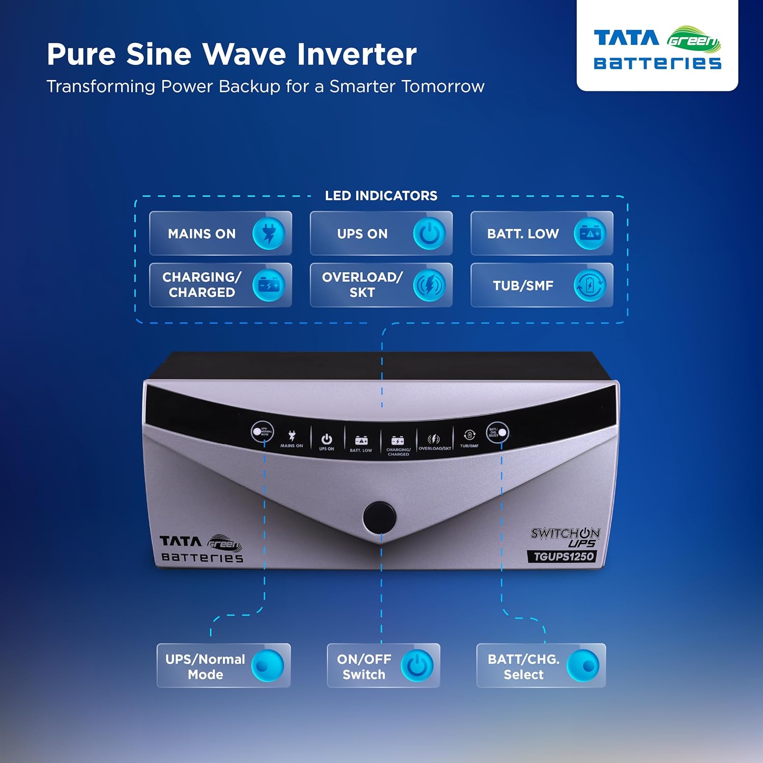 Tata Green Inverter & Battery Combo (Switch ON Pure Sine Wave 1000VA/12V Inverter INTT2800 240AH Tall Tubular Inverter Battery)