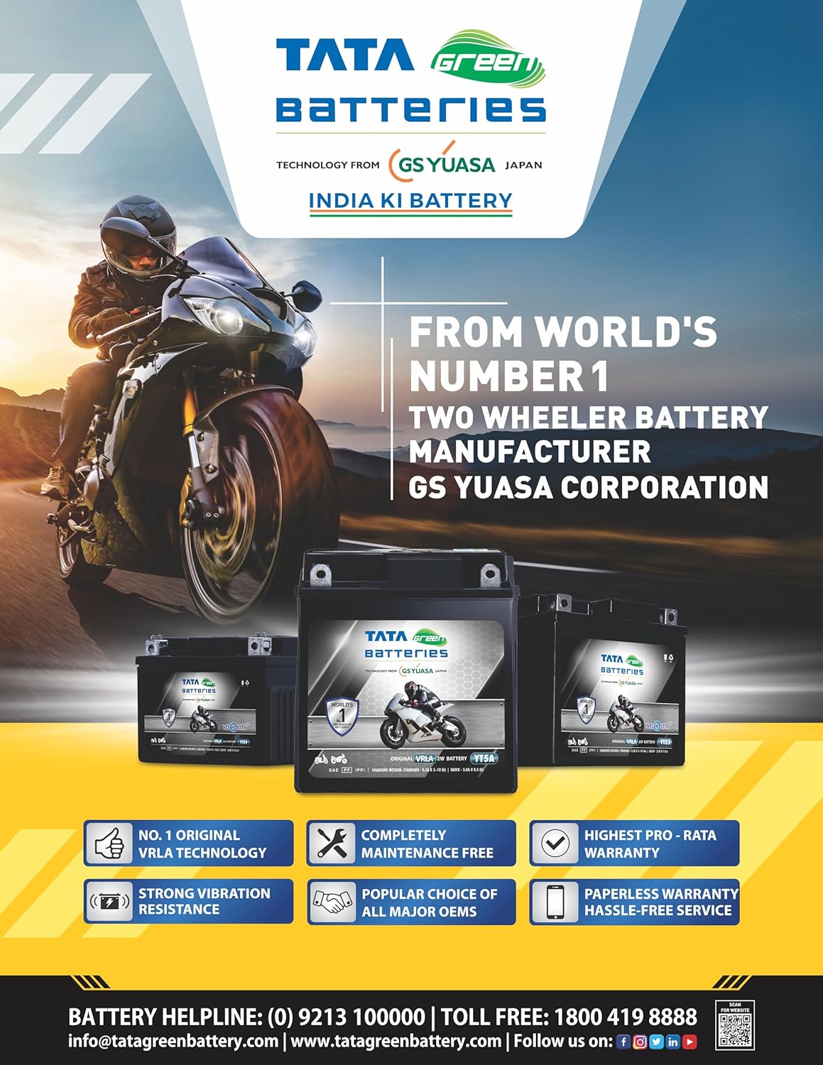 Tata Green Bike Battery | Velocity Plus YTZ4-H (12V & 3Ah), Sealed Maintenance Free & Spill Proof | 54 Months Warranty