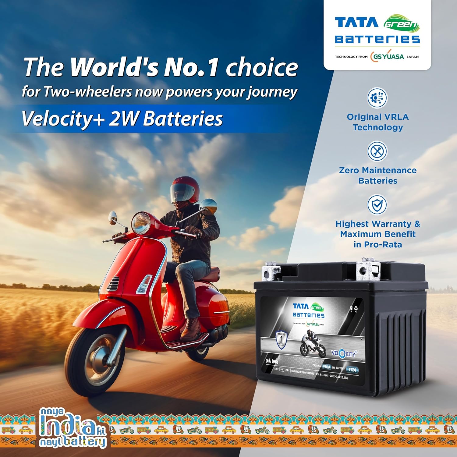 Tata Green Batteries Bike Battery | Velocity Plus Ytz4 (12V & 3Ah) 54 Months Warranty)